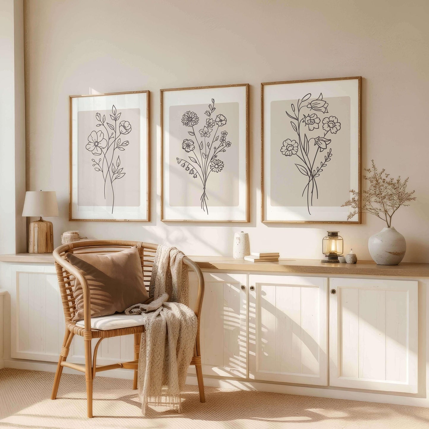 Minimalist Floral Line Art Print, Beige Boho Wall Art, Neutral Living Room Decor
