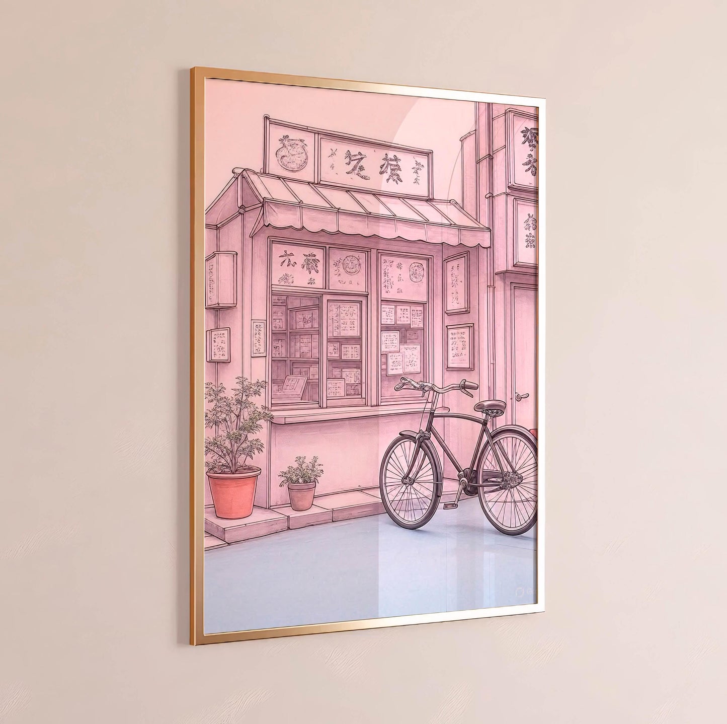 Tokyo Shop Bicycle Art Print, Japanese Street Illustration