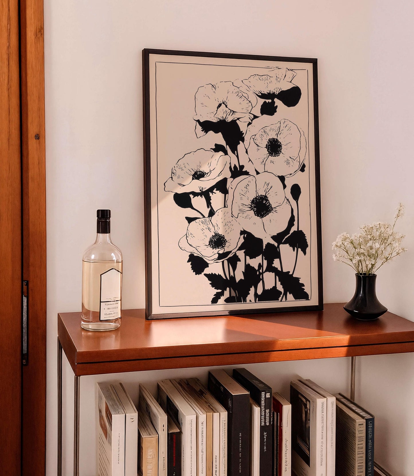 Minimalist Botanical Wall Art, Black Floral Line Art Print, Neutral Flower Poster