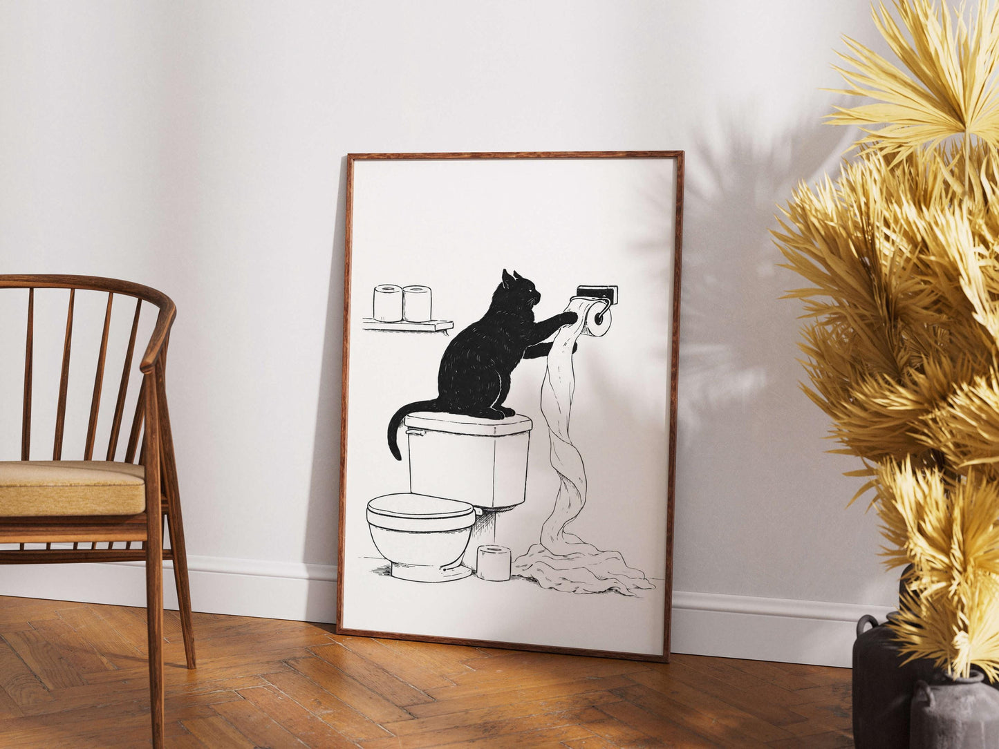 Funny Cat Bathroom Illustration Minimal Toilet Wall Art