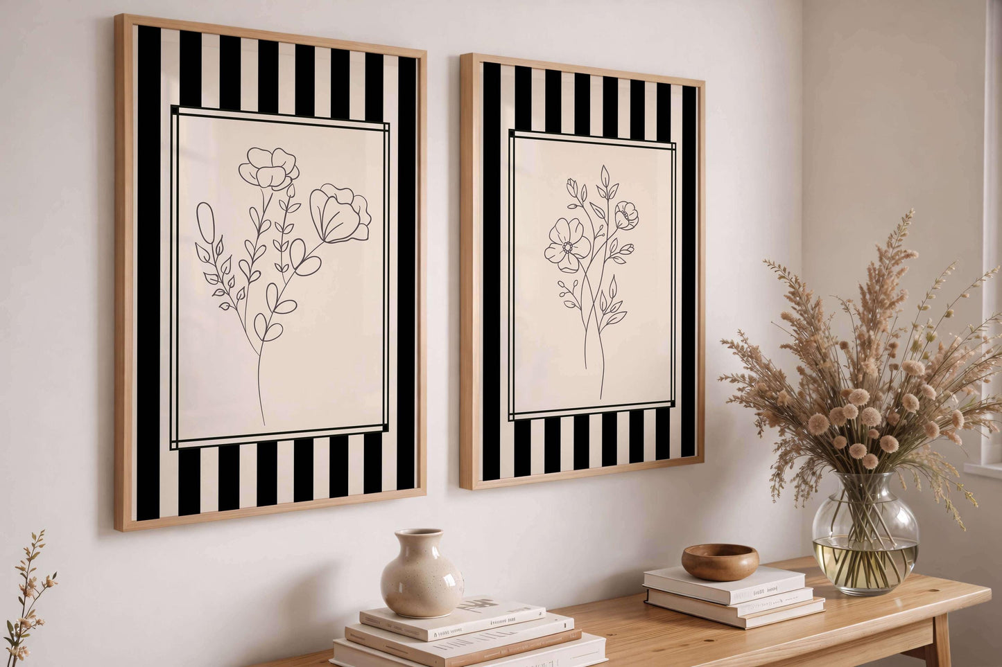 Black And White Floral Line Art, Set Of 2 S, Modern Minimalist Decor