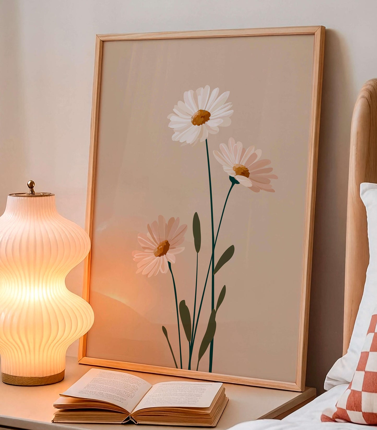 Minimal Botanical Flower Print, Soft Neutral Daisy Illustration, Calm Modern Decor For Light Interiors
