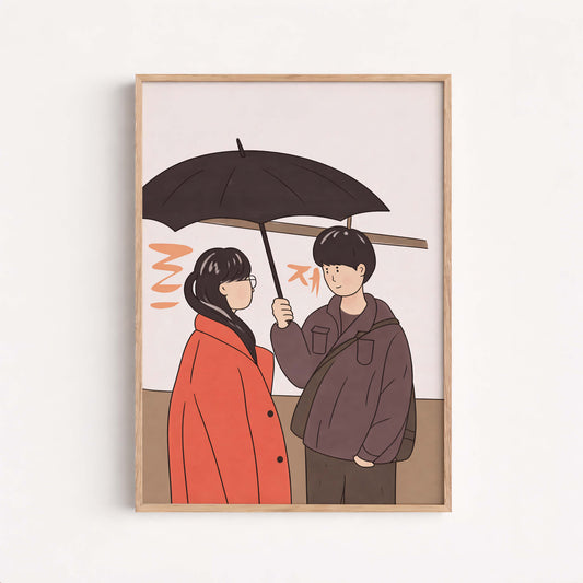 Romantic Couple Under Umbrella Art Print, Anime Style, Art Japannese