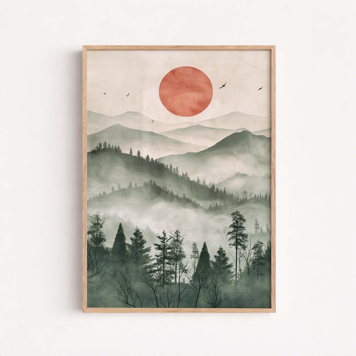 Japanese Zen Landscape Poster, Misty Mountain Illustration, Minimal Nature Artwork