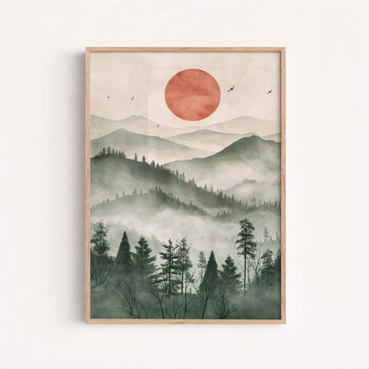Japanese Zen Landscape Poster, Misty Mountain Illustration, Minimal Nature Artwork