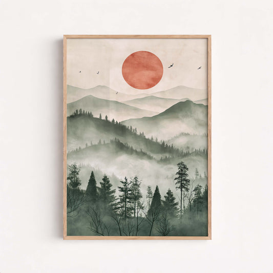 Japanese Zen Landscape Poster, Misty Mountain Illustration, Minimal Nature Artwork