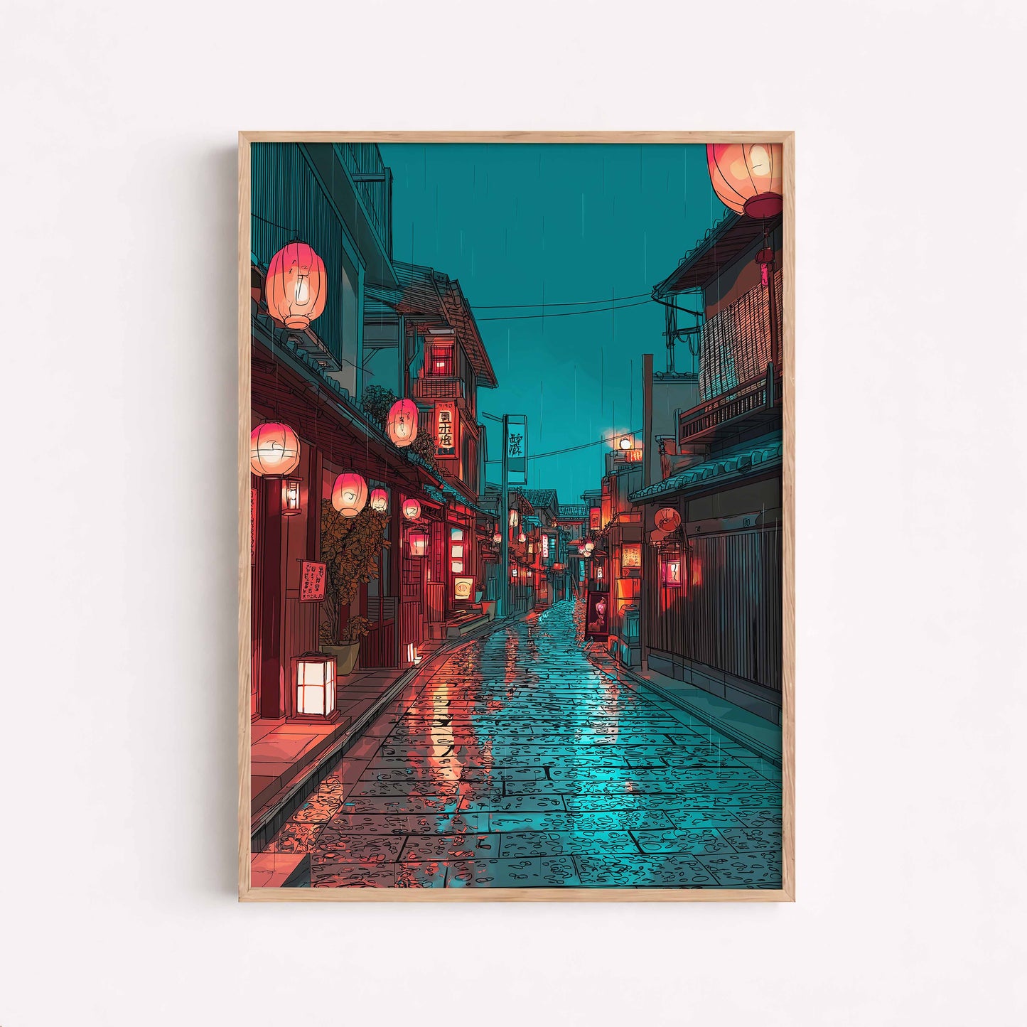 Japanese Night Street Poster, Rainy Tokyo Alley Wall Art