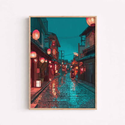 Japanese Night Street Poster, Rainy Tokyo Alley Wall Art