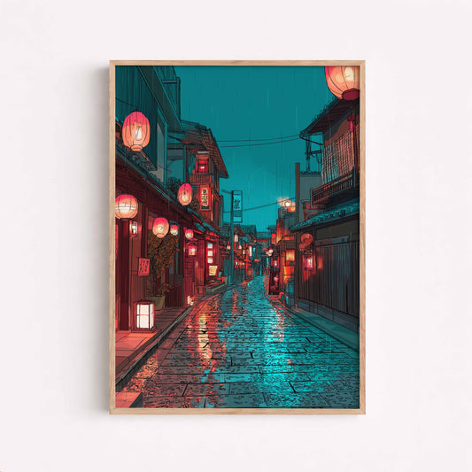 Japanese Night Street Poster, Rainy Tokyo Alley Wall Art
