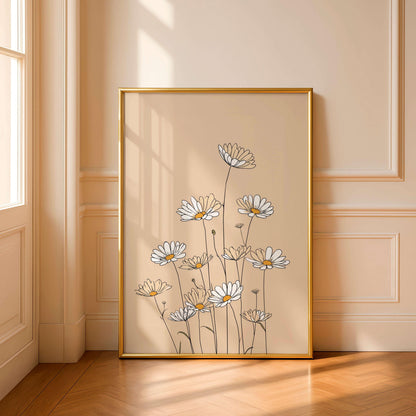 Minimal Daisy Line Illustration, Soft Neutral Floral Artwork,  Decor For Light Spaces