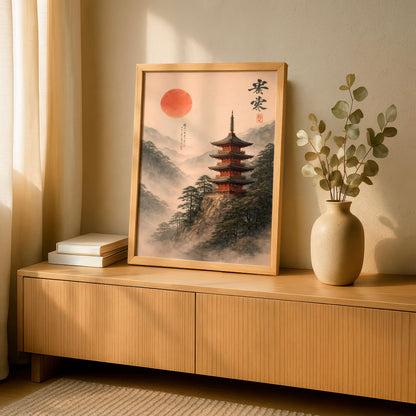Japanese Pagoda Mountain Print, Zen Asian Landscape Art