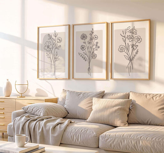 Minimalist Floral Line Art Print, Beige Boho Wall Art, Neutral Living Room Decor
