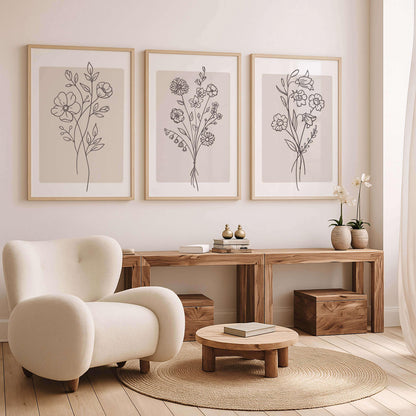 Minimalist Floral Line Art Print, Beige Boho Wall Art, Neutral Living Room Decor