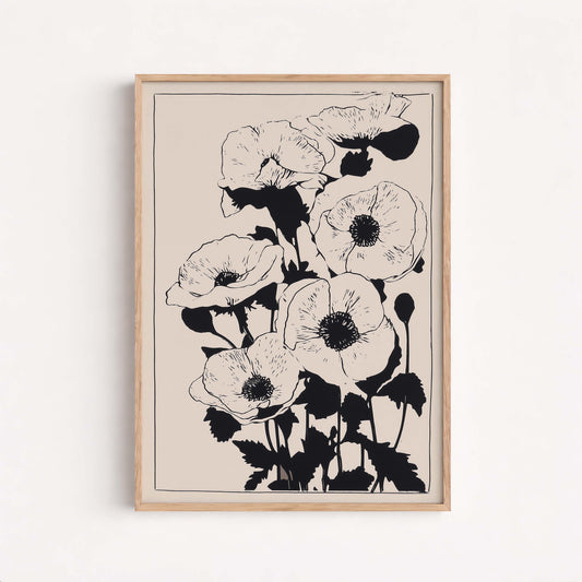 Minimalist Botanical Wall Art, Black Floral Line Art Print, Neutral Flower Poster