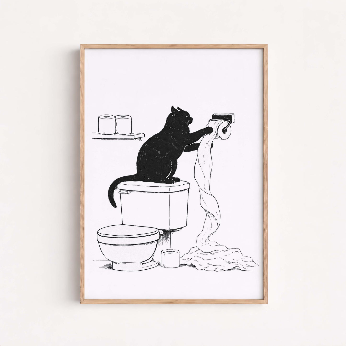 Funny Cat Bathroom Illustration Minimal Toilet Wall Art