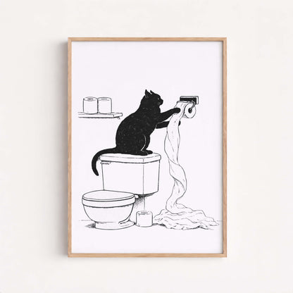Funny Cat Bathroom Illustration Minimal Toilet Wall Art