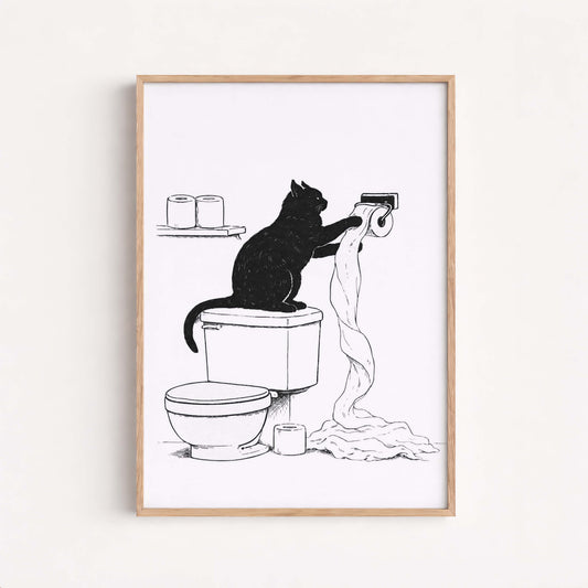 Funny Cat Bathroom Illustration Minimal Toilet Wall Art