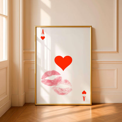 Ace Of Hearts Print Kiss, Romantic Lips Wall Art, Minimal Love Poster