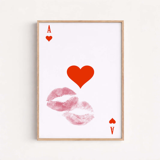 Ace Of Hearts Print Kiss, Romantic Lips Wall Art, Minimal Love Poster