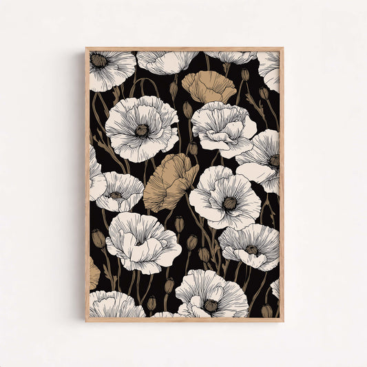 Dark Floral Botanical Art Print, Vintage Flowers, Decor For Modern Interiors