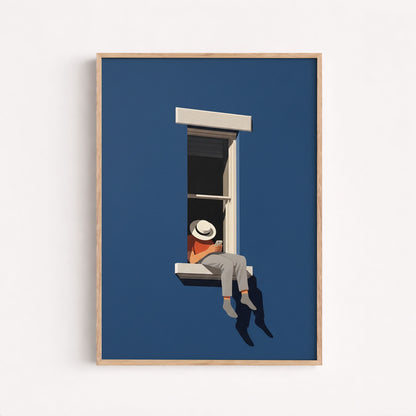 Poster Minimal Blue Wall Art, Modern Window Illustration For Home Office