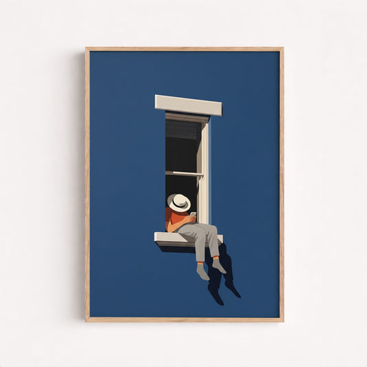 Poster Minimal Blue Wall Art, Modern Window Illustration For Home Office
