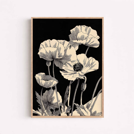 Dark Botanical Illustration Print, Vintage Flowers, Decor For Modern Interiors