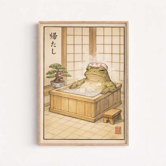 Japanese Frog, Zen Bathroom Decor, Onsen Frog Illustration