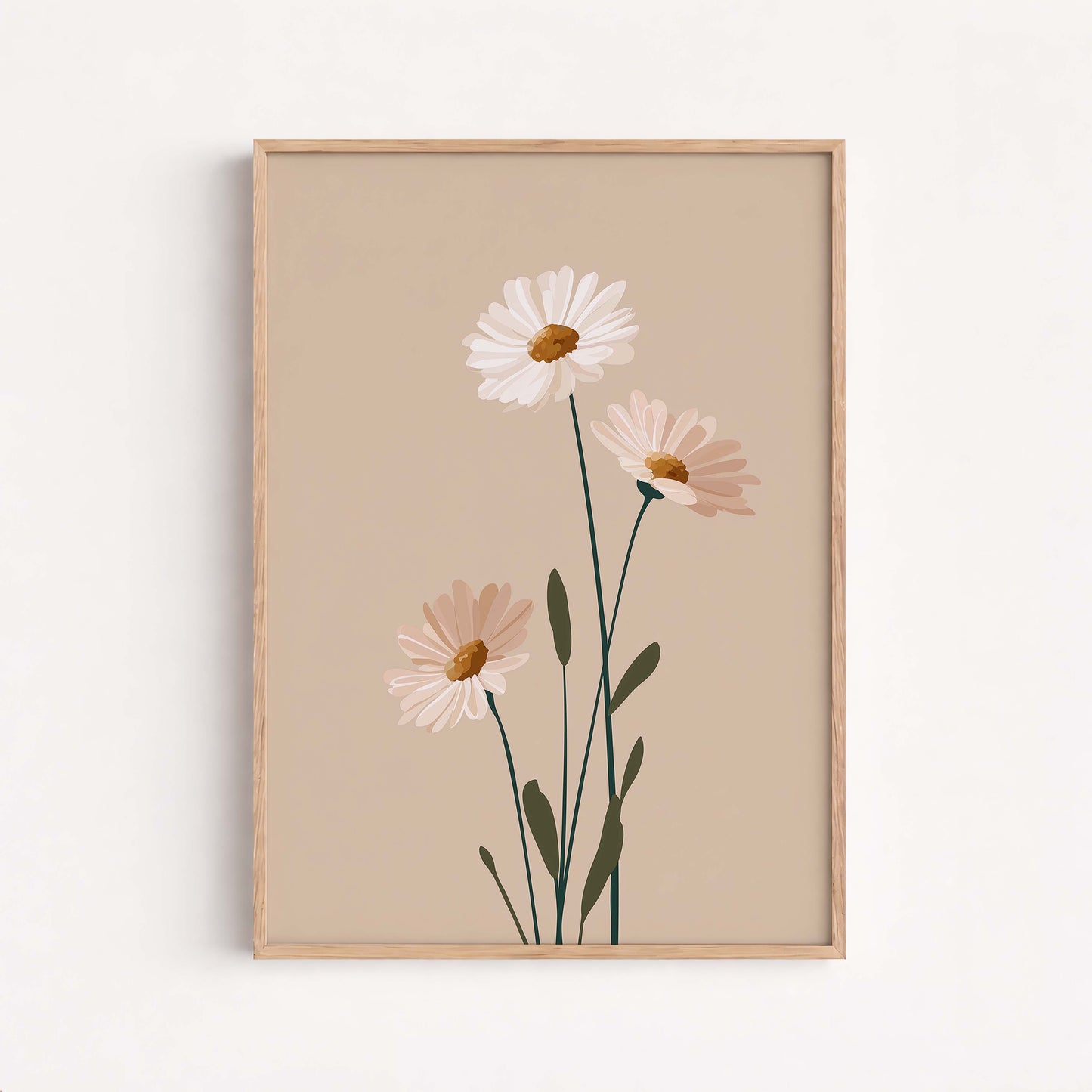 Minimal Botanical Flower Print, Soft Neutral Daisy Illustration, Calm Modern Decor For Light Interiors