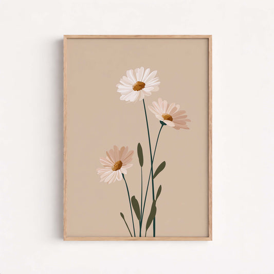 Minimal Botanical Flower Print, Soft Neutral Daisy Illustration, Calm Modern Decor For Light Interiors