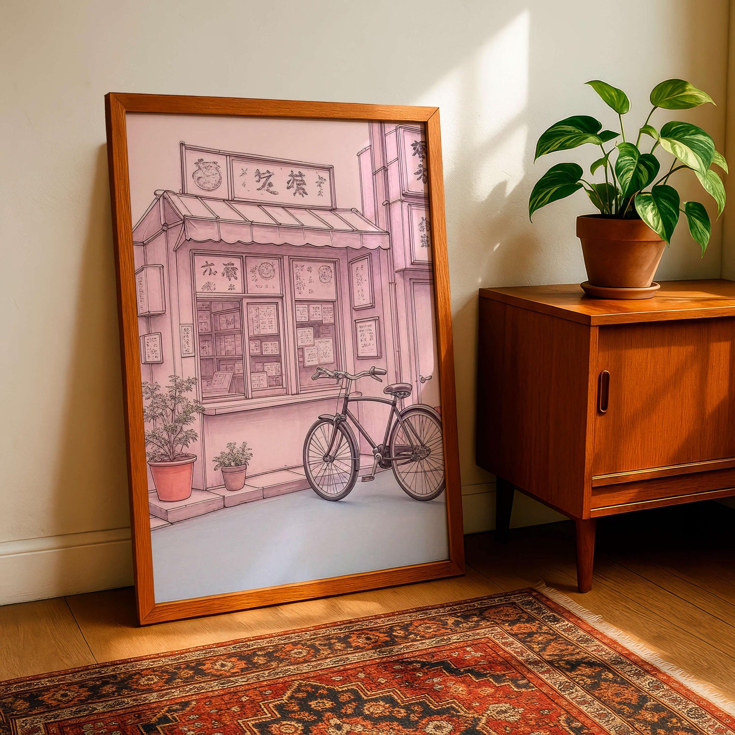 Tokyo Shop Bicycle Art Print, Japanese Street Illustration