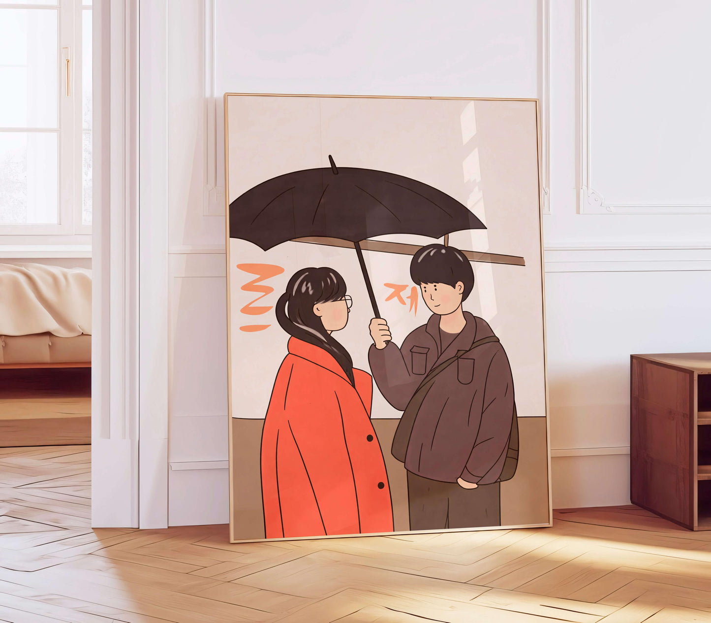 Romantic Couple Under Umbrella Art Print, Anime Style, Art Japannese