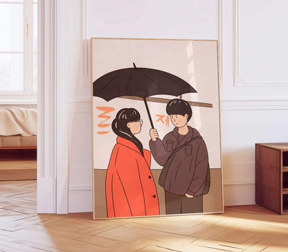 Romantic Couple Under Umbrella Art Print, Anime Style, Art Japannese