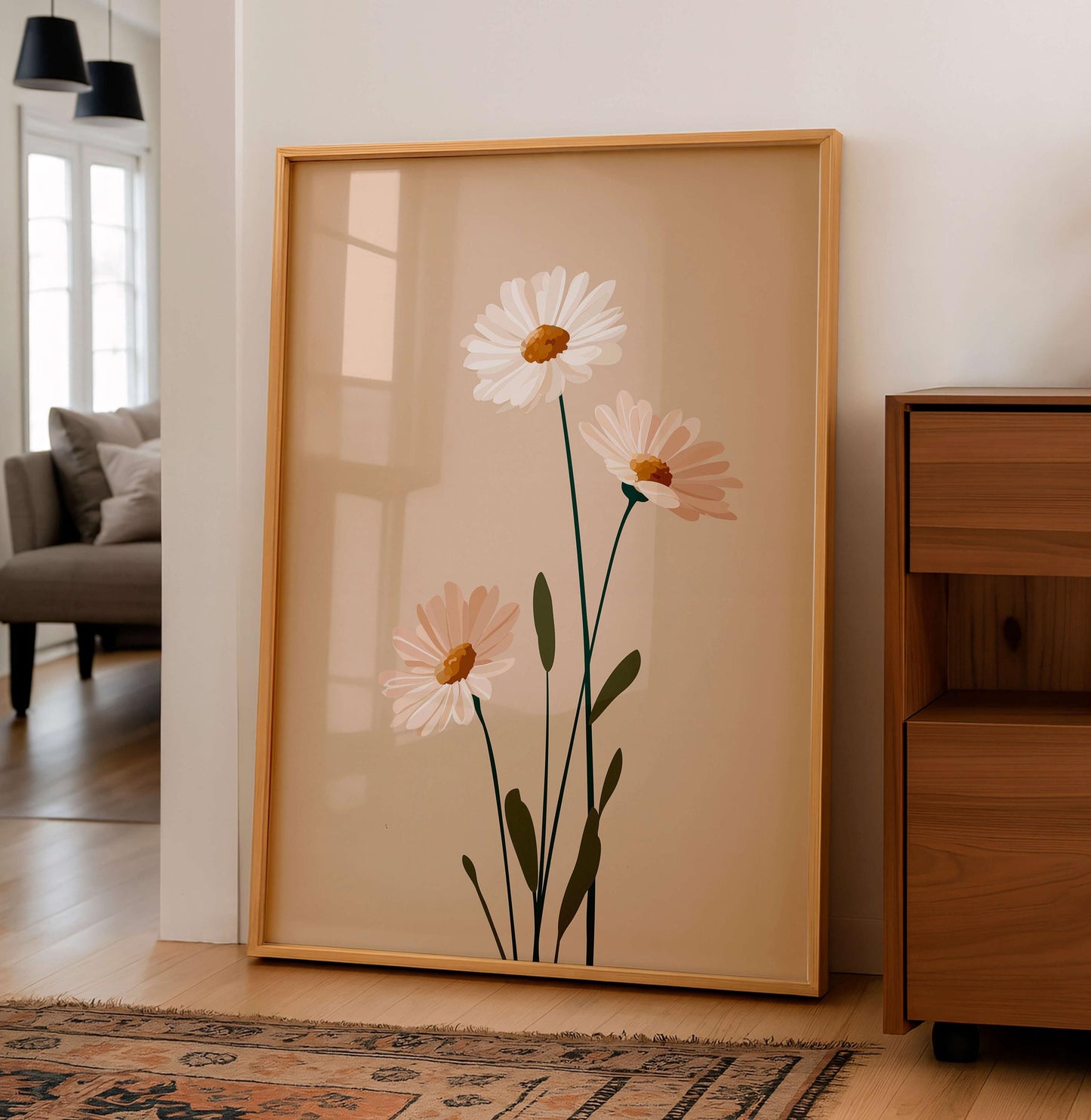 Minimal Botanical Flower Print, Soft Neutral Daisy Illustration, Calm Modern Decor For Light Interiors