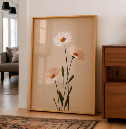 Minimal Botanical Flower Print, Soft Neutral Daisy Illustration, Calm Modern Decor For Light Interiors