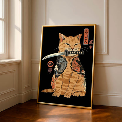 Samurai Cat Art Print, Japanese Tattoo Style, Ukiyo-e Warrior, Home Decor