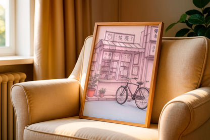 Tokyo Shop Bicycle Art Print, Japanese Street Illustration