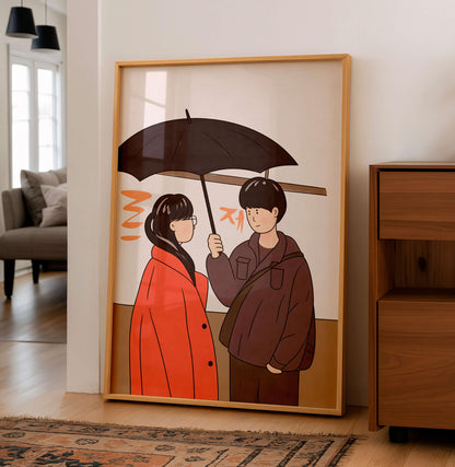 Romantic Couple Under Umbrella Art Print, Anime Style, Art Japannese