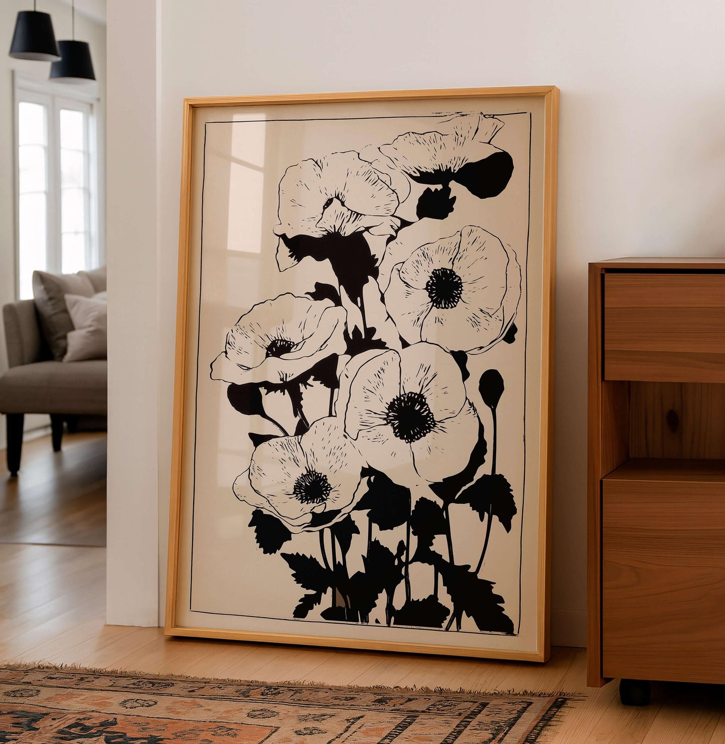Minimalist Botanical Wall Art, Black Floral Line Art Print, Neutral Flower Poster