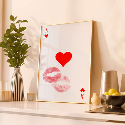 Ace Of Hearts Print Kiss, Romantic Lips Wall Art, Minimal Love Poster
