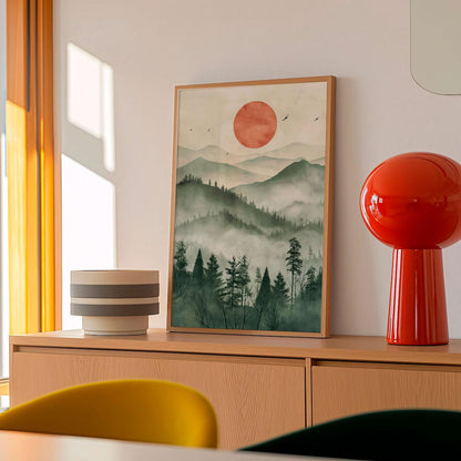 Japanese Zen Landscape Poster, Misty Mountain Illustration, Minimal Nature Artwork