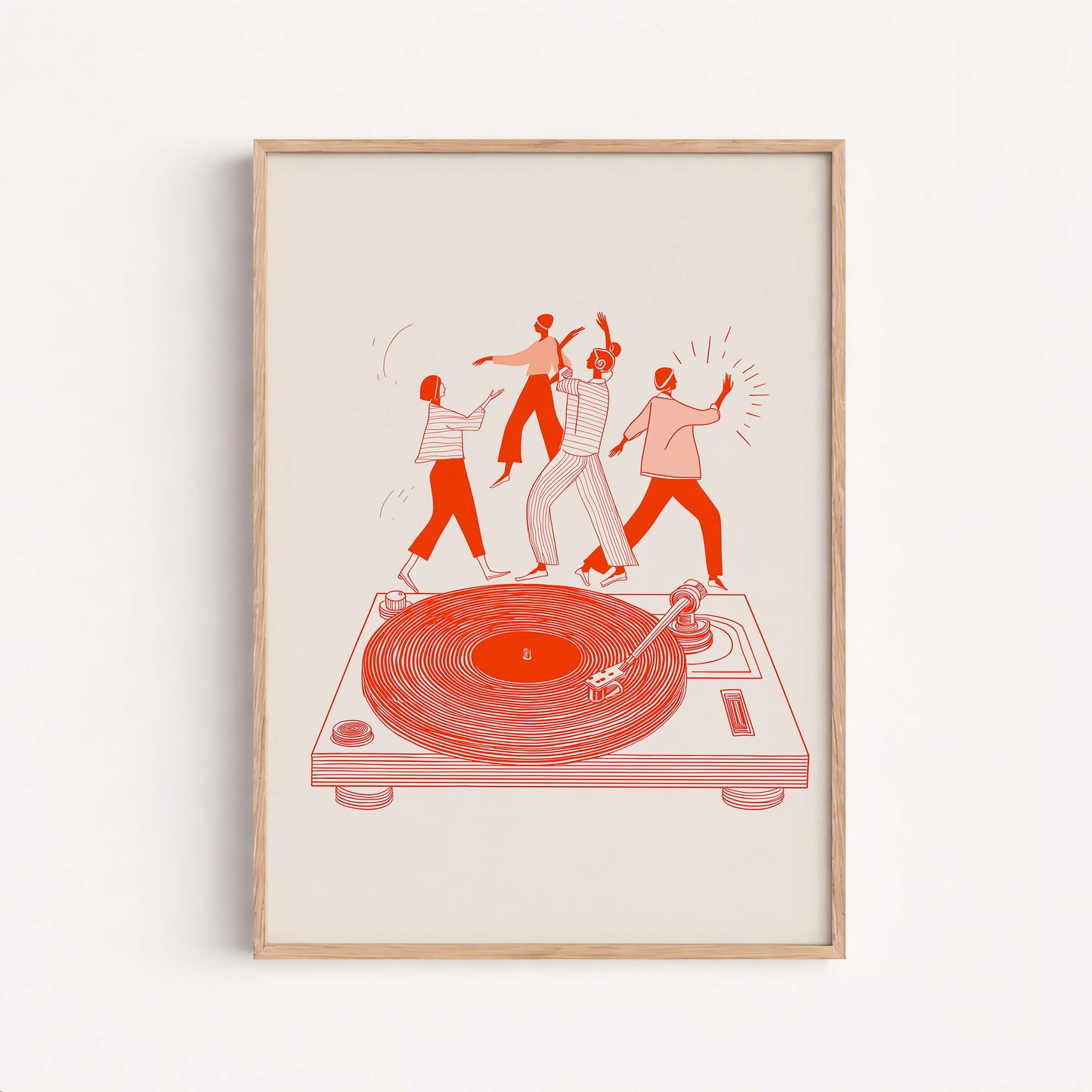 Modern Music Illustration Print, Dancing Figures On Turntable, Vinyl Culture Artwork