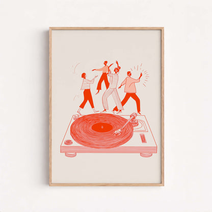 Modern Music Illustration Print, Dancing Figures On Turntable, Vinyl Culture Artwork
