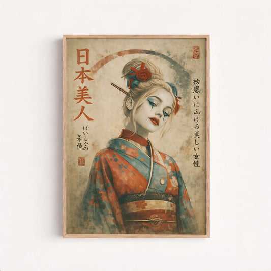 Japanese Vintage Portrait Poster, Elegant Kimono Woman Illustration, Ukiyo Inspired Art