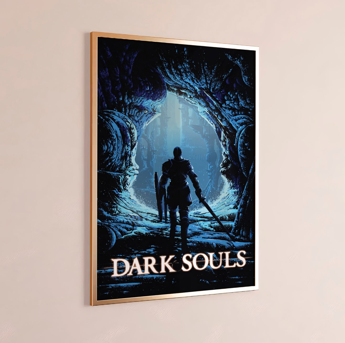 Dark Fantasy Cave Poster, Medieval Knight Wall Art, Blue Aesthetic Print
