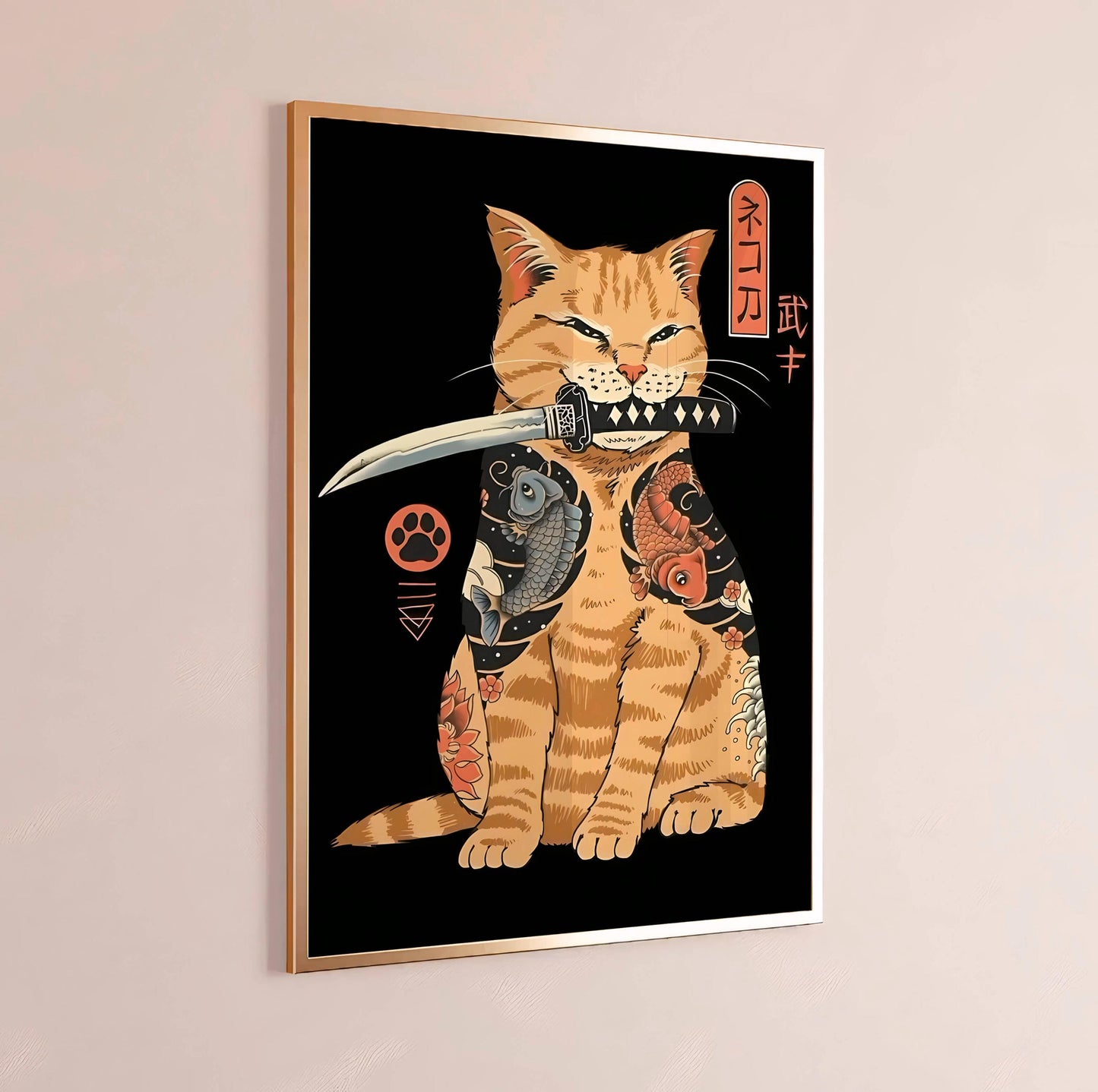 Samurai Cat Art Print, Japanese Tattoo Style, Ukiyo-e Warrior, Home Decor