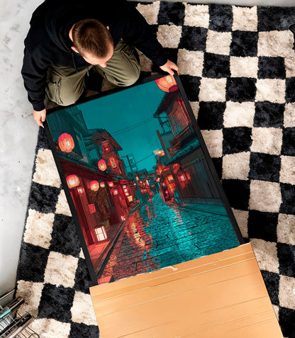 Japanese Night Street Poster, Rainy Tokyo Alley Wall Art