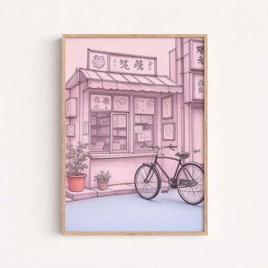 Tokyo Shop Bicycle Art Print, Japanese Street Illustration
