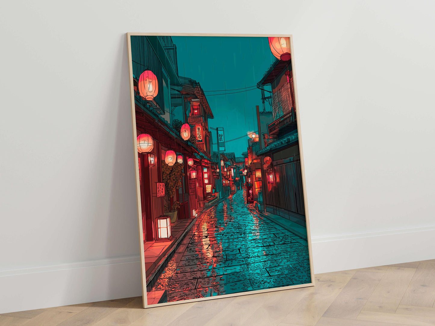 Japanese Night Street Poster, Rainy Tokyo Alley Wall Art