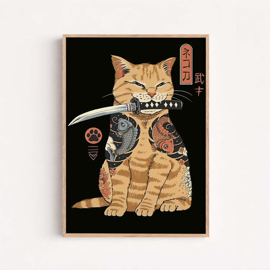 Samurai Cat Art Print, Japanese Tattoo Style, Ukiyo-e Warrior, Home Decor